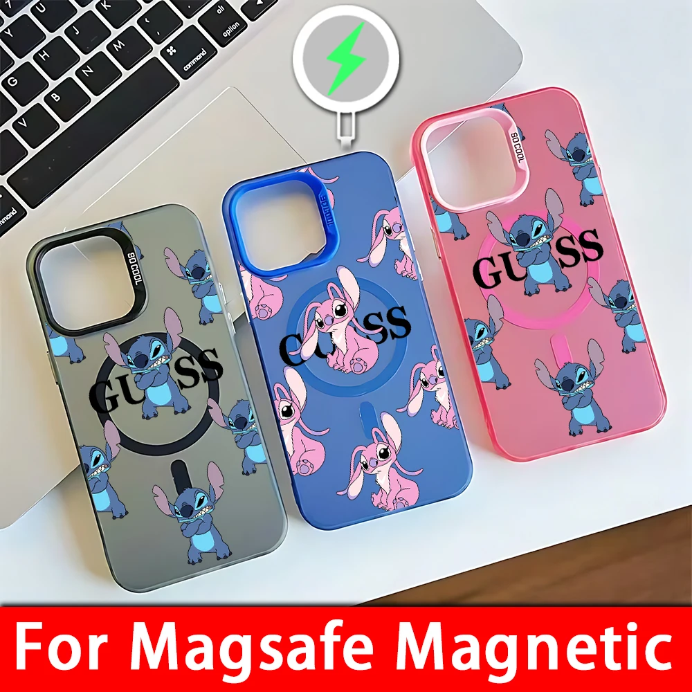 Cute Anime Stitch Magsafe Magnetic Phone Case for IPhone 11 12 13 14 15 16 Pro Max Plus Lens Creative Border Silver Plated Cover