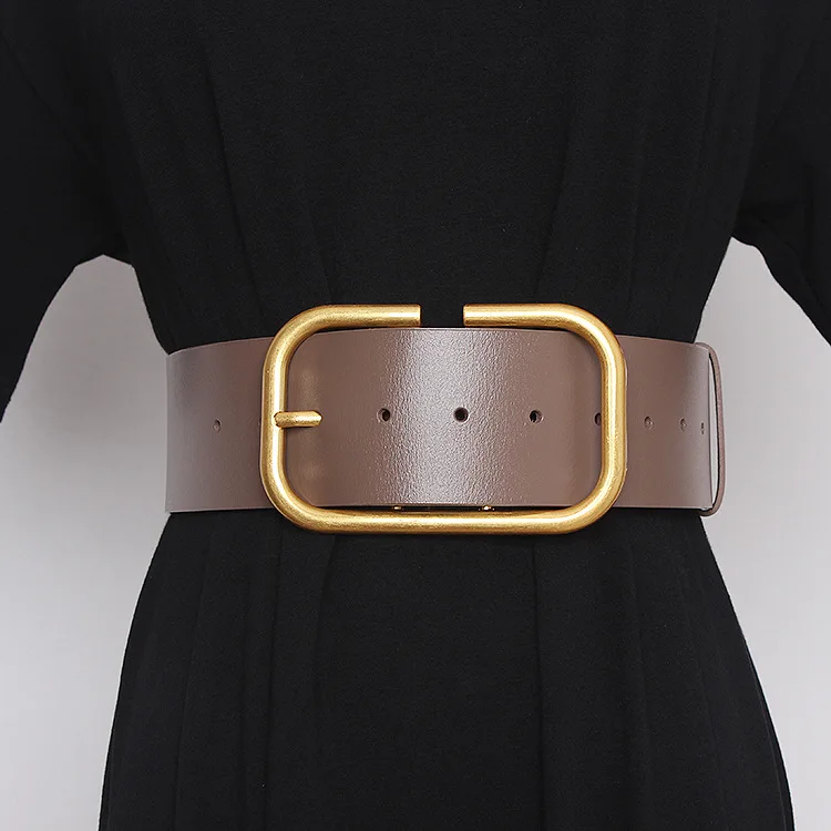 New Fashion Real Leather Wide Belt For Women Gold metal Square Buckle Pin Buckle Jeans Luxury Brand Ladies Vintage  Waistban