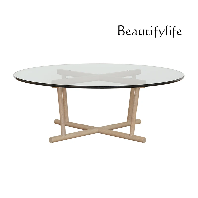 Japanese Glass round Coffee Table Modern Minimalist Retro Solid Wood White Oak Walnut Black