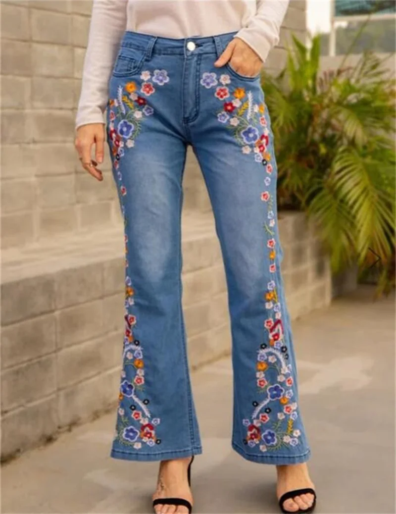 Elegant Embroidered Flowers Micro Flared Jeans Women\'s Intelligent Style Mid Waist Button Splicing Denim Pants Washable Trousers