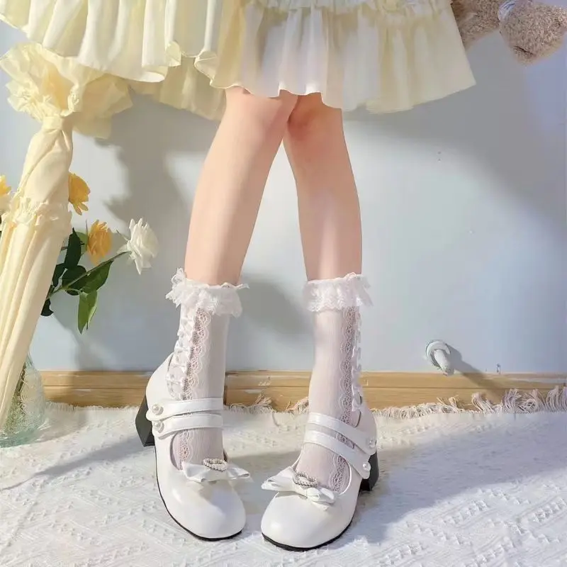 Stoking pendek untuk gadis muda y2k pakaian busur putih krem kaus kaki jk lolita stocking