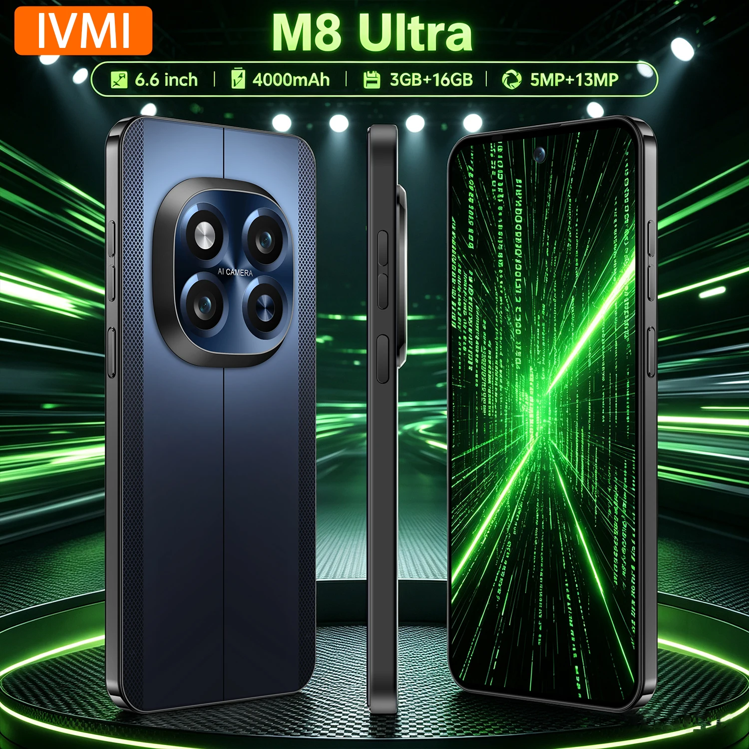 Smartphone IVMI Global M8 Ultra Android 3GB RAM 16GB ROM, Tela de 6.6 polegadas, Dual SIM, Google Play Store, Face ID, Rede 4G