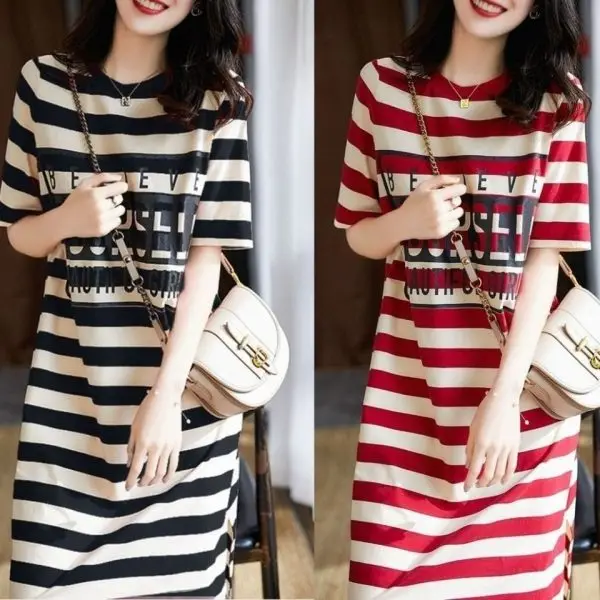 Red Striped Midi T-Shirt Dress Women's Loose Slimming Design Short Sleeve Summer Fashion Casual Comfortable Dress