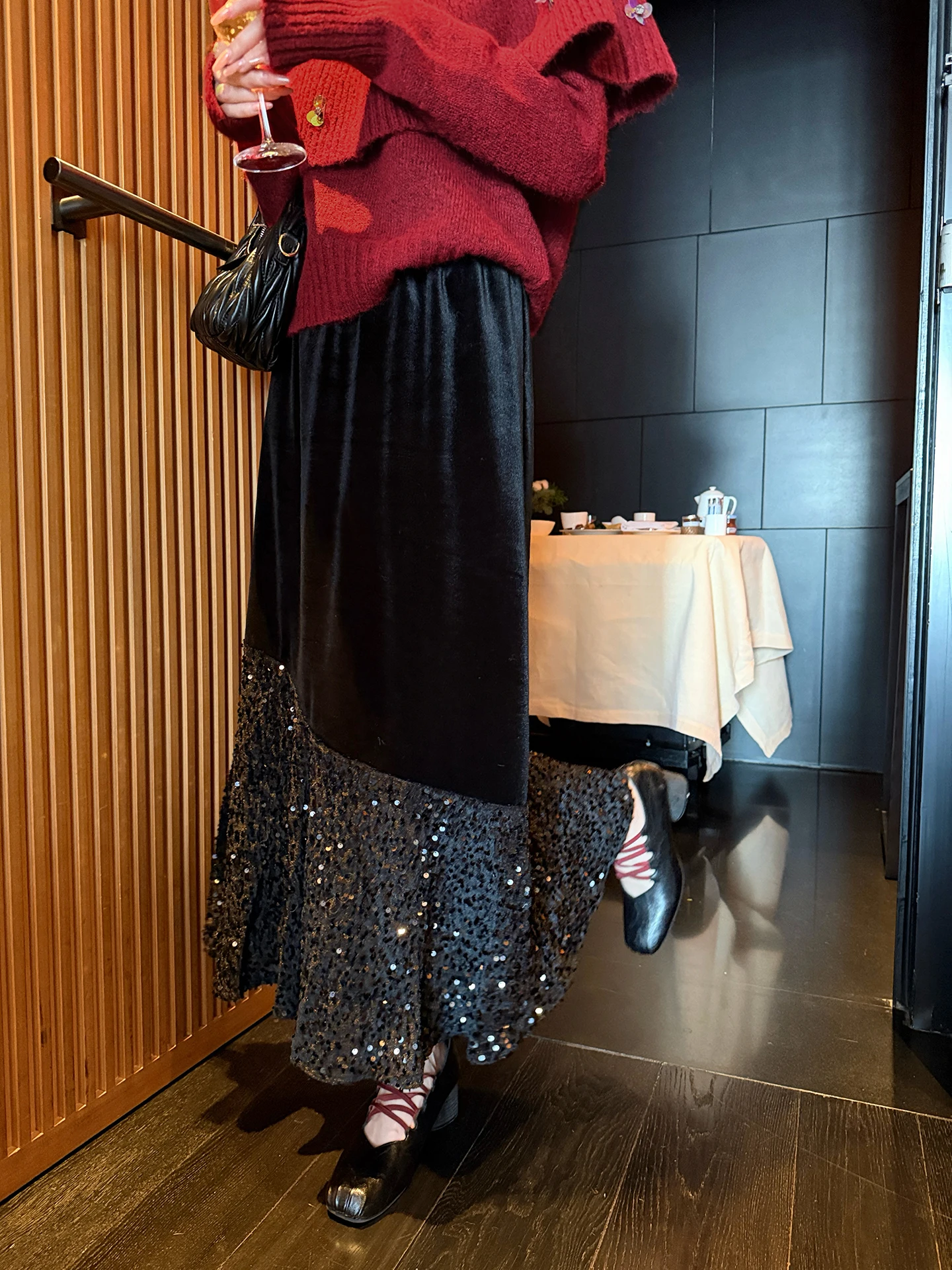 

Chen DaYu High Waist Bla Velvet A-Line Fi Tail Long Skirt Women's Autumn Winter Thiening Dra f-length Skirt