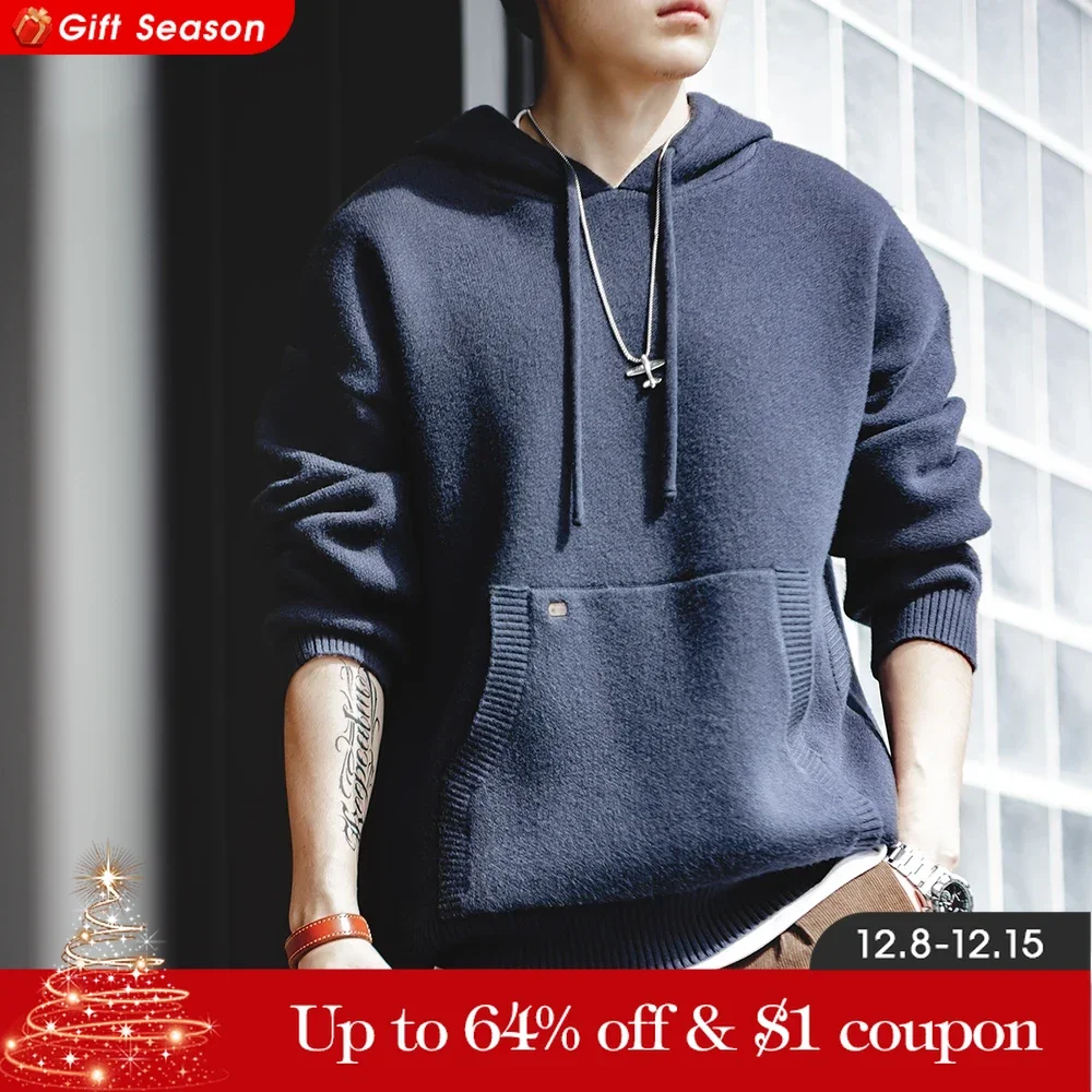 Maden Navy Blue Knitted Hoodie Heavyweight Hooded Knit Pullover Casual Men\'s Blended Sweater Thickened Outwear Cityboy Workwear