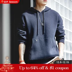 Maden Navy Blue Knitted Hoodie Heavyweight Hooded Knit Pullover Casual Men's Blended Sweater Thickened Outwear Cityboy Workwear