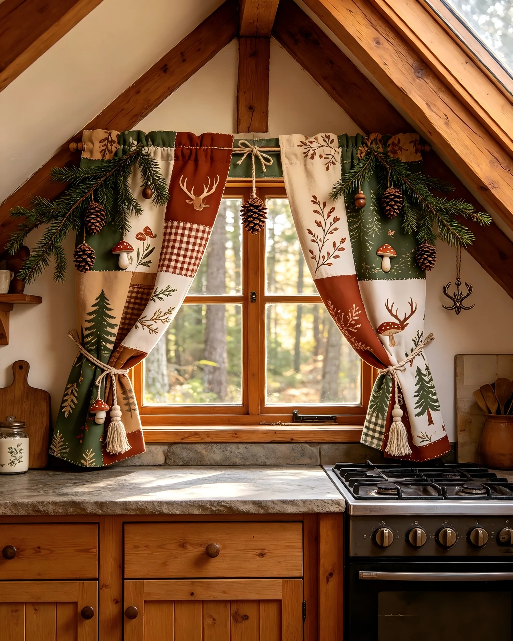 200434   Pine needle green x log brown cotton linen | Forest cabin kitchen curtains