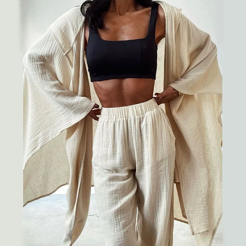 2024 Spring New Cotton and Hemp Women's Casual Long Sleeve Asymmetric Cardigan & Pant Set Female Fashion Trousers Outfits Home