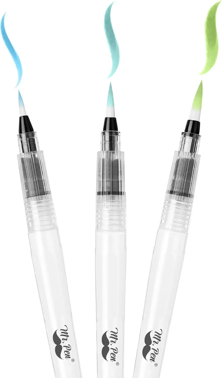 

3 Refillable Watercolor Brush Pens, Nylon Bristles, 3 Tip Styles for Blending & Sketching