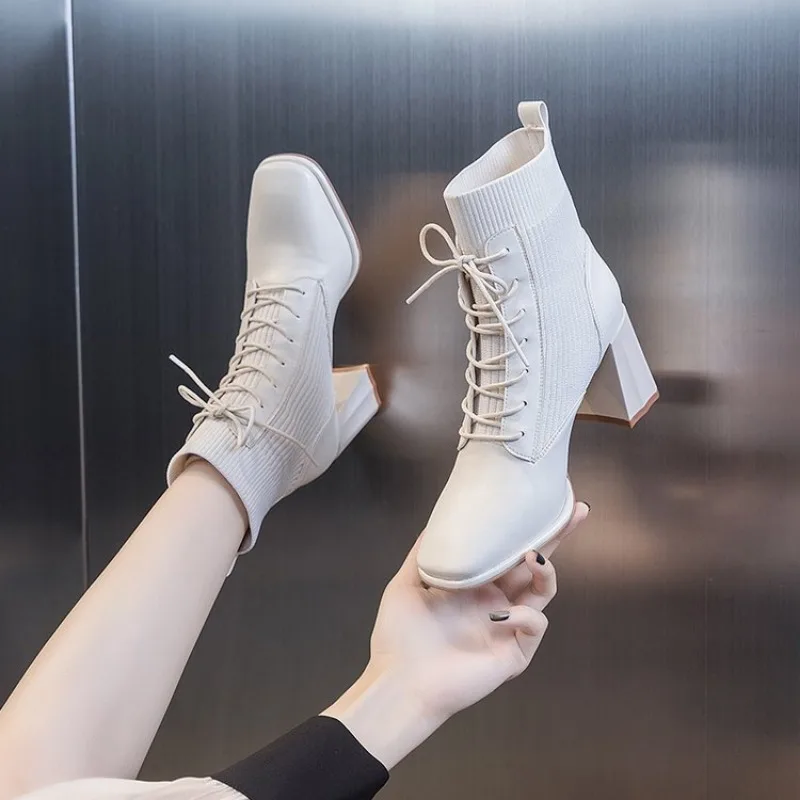 Square Toe Autumn Winter 2024New Fashion Stitching Knitted Elastic Stockings Women's Boots High-heeled Short Boots