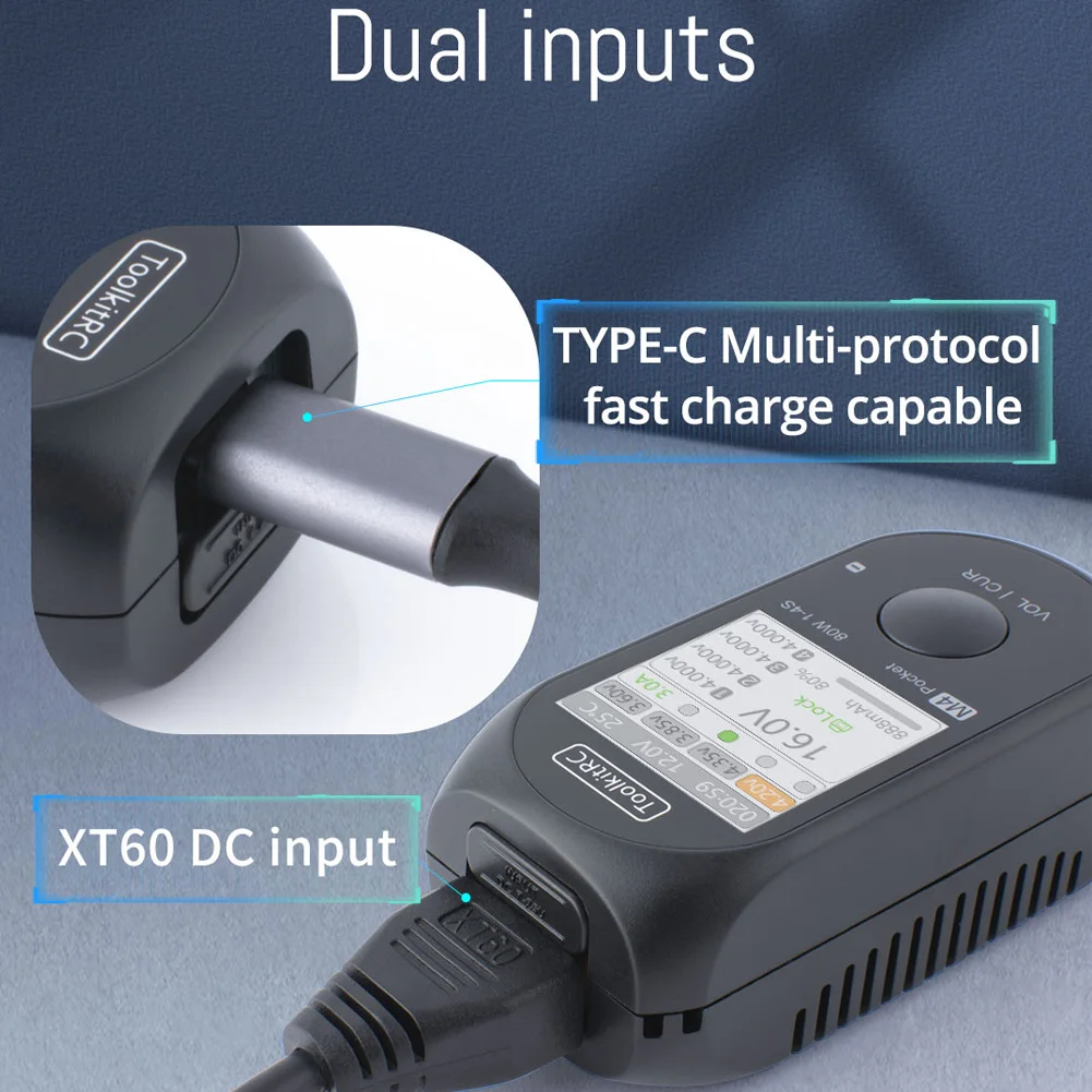 ToolkitRC M4 กระเป๋า DC 80W 5A XT30 XT60 อินพุต USB-C อินพุต/เอาต์พุตสําหรับ 1-4S LiPo แบตเตอรี่ Quick Charger ฟังก์ชั่น