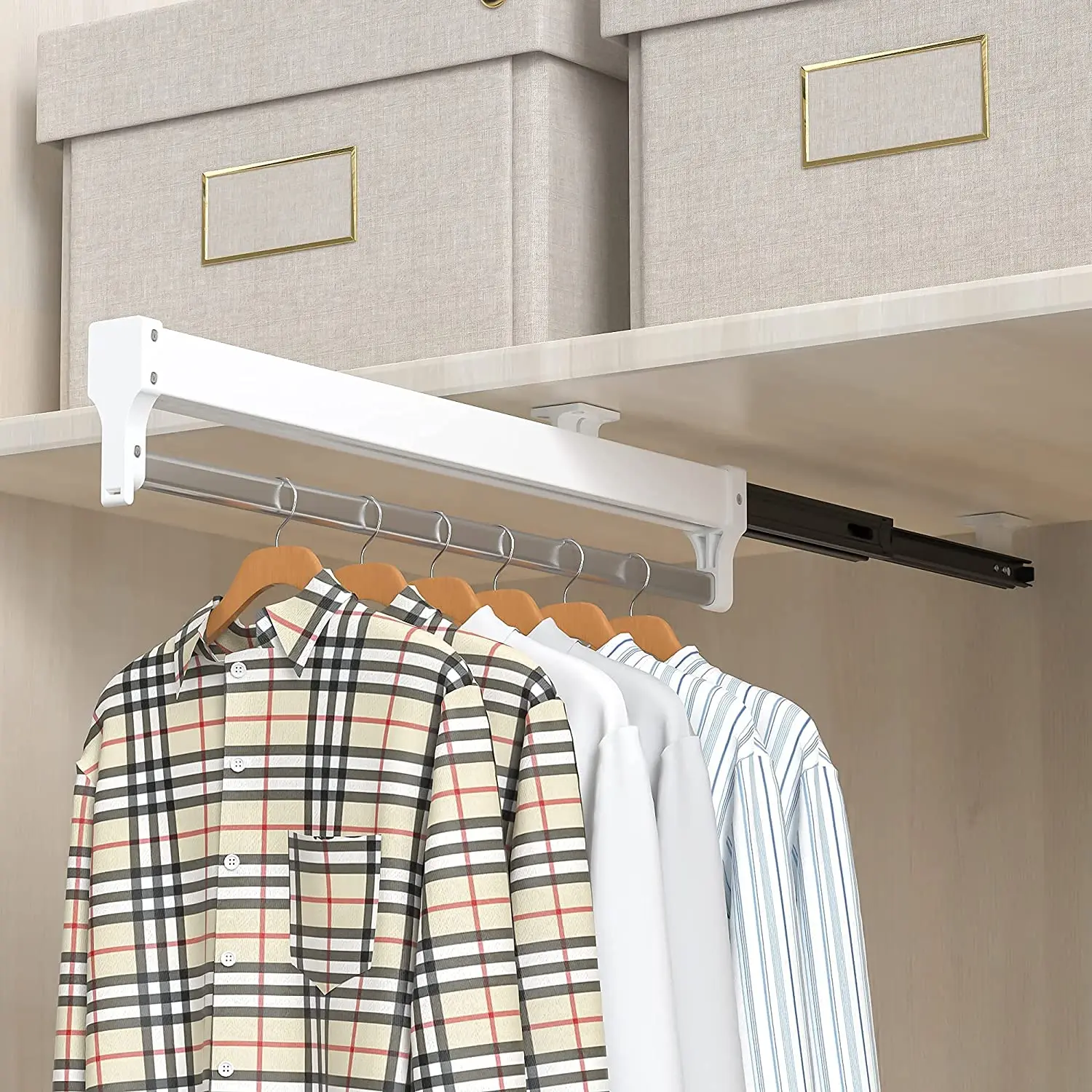 Pull-Out Closet Rod Stainless Steel Adjustable Wardrobe Clothing Rail Top Mount Wardrobe Hanger Rack Bar Ball Bearing Slide