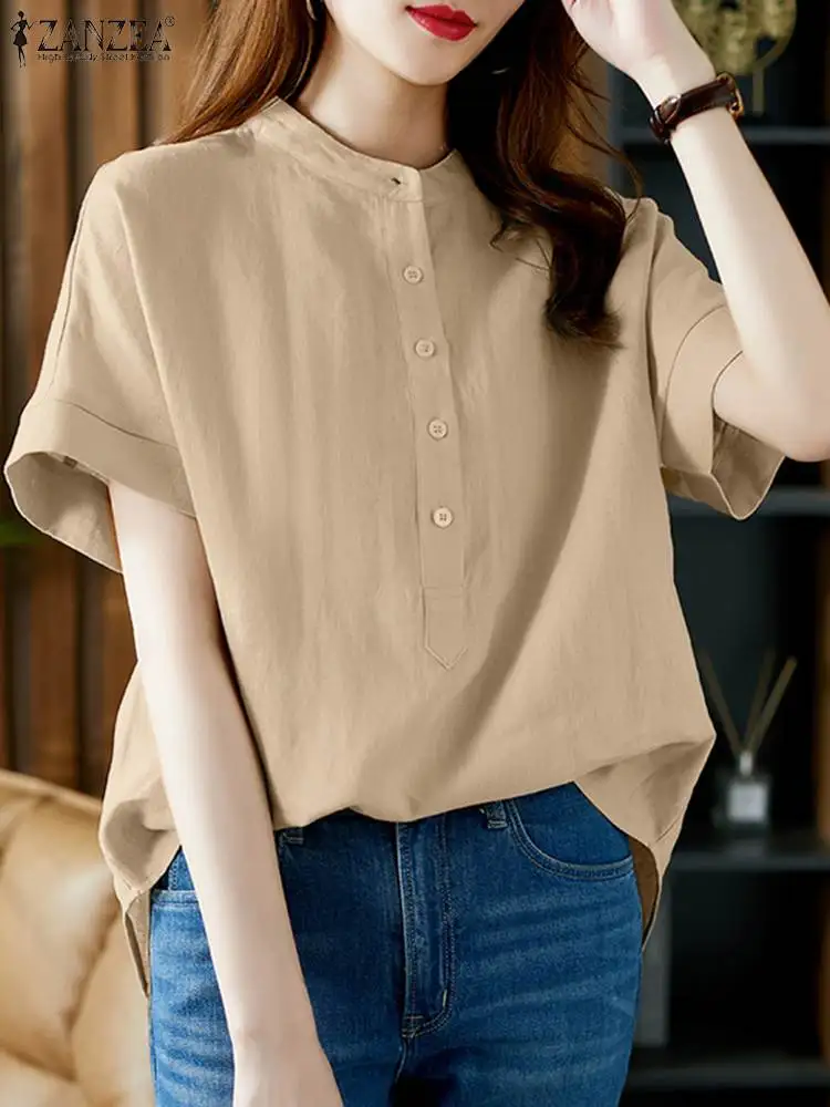 Women Vintage Solid Blouse Casual Cotton Tops Office Lady ZANZEA Summer Short Sleeve Shirt 2024 Oversized Button Up Blouses