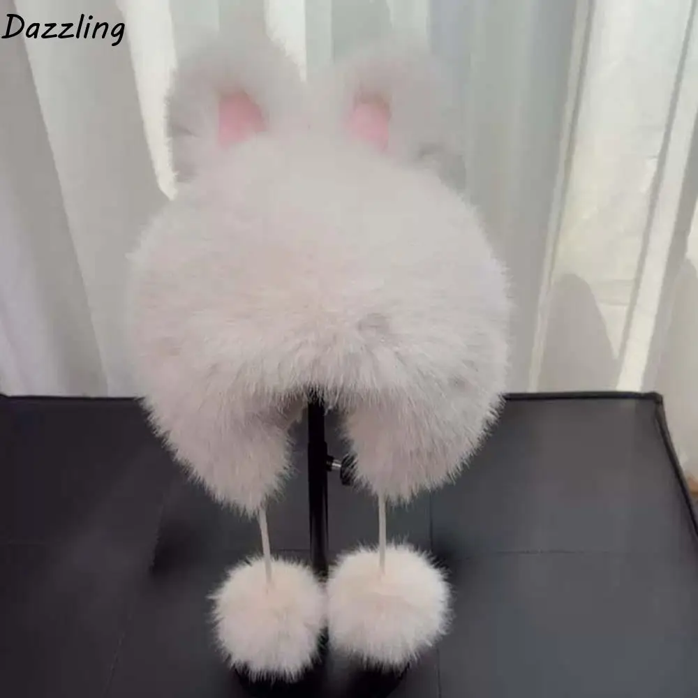 

Skiing Anti-cold Winter Plush Hat Windproof Cartoon Rabbit Ear Warmer Hat Soft Solid Color Ear Protection Cap Shopping