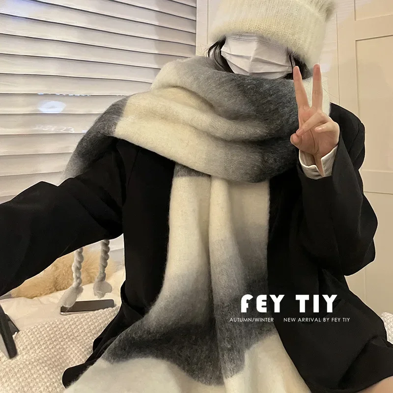 High-end Feel Gradient Color Block Angora Scarf Women's Winter Thickened Warm Korean Ins New Style Simulation Sheepskin Pashmina