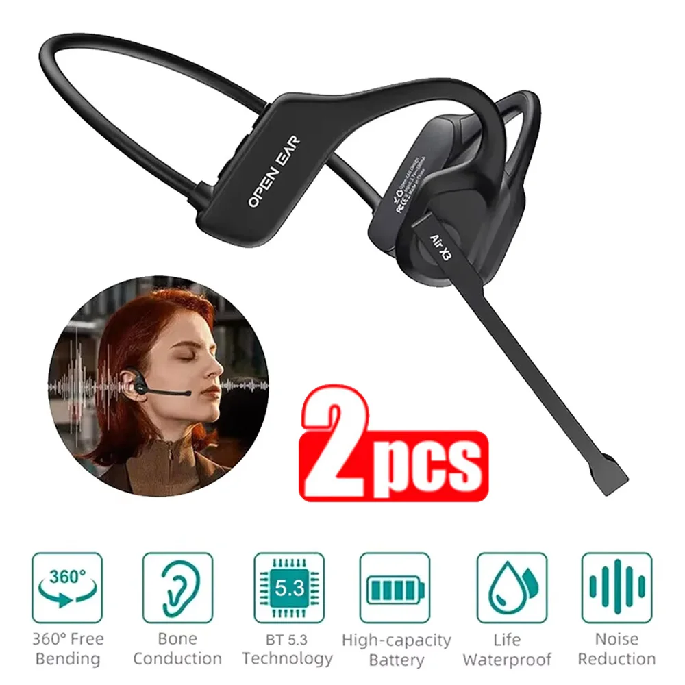 2PCS Open-Ear Bluetooth5.3 Earphones With Mic Noise Cancelling Handsfree Business Headset Office Driving For Trucker Office Call