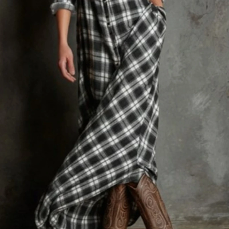 Krismile Damska Sukienka Maxi w Stylu Vintage 2026 Retro Casual Codzienna Klasyczna Krata Modna Sukienka z Długim Rękawem Jesień Zima