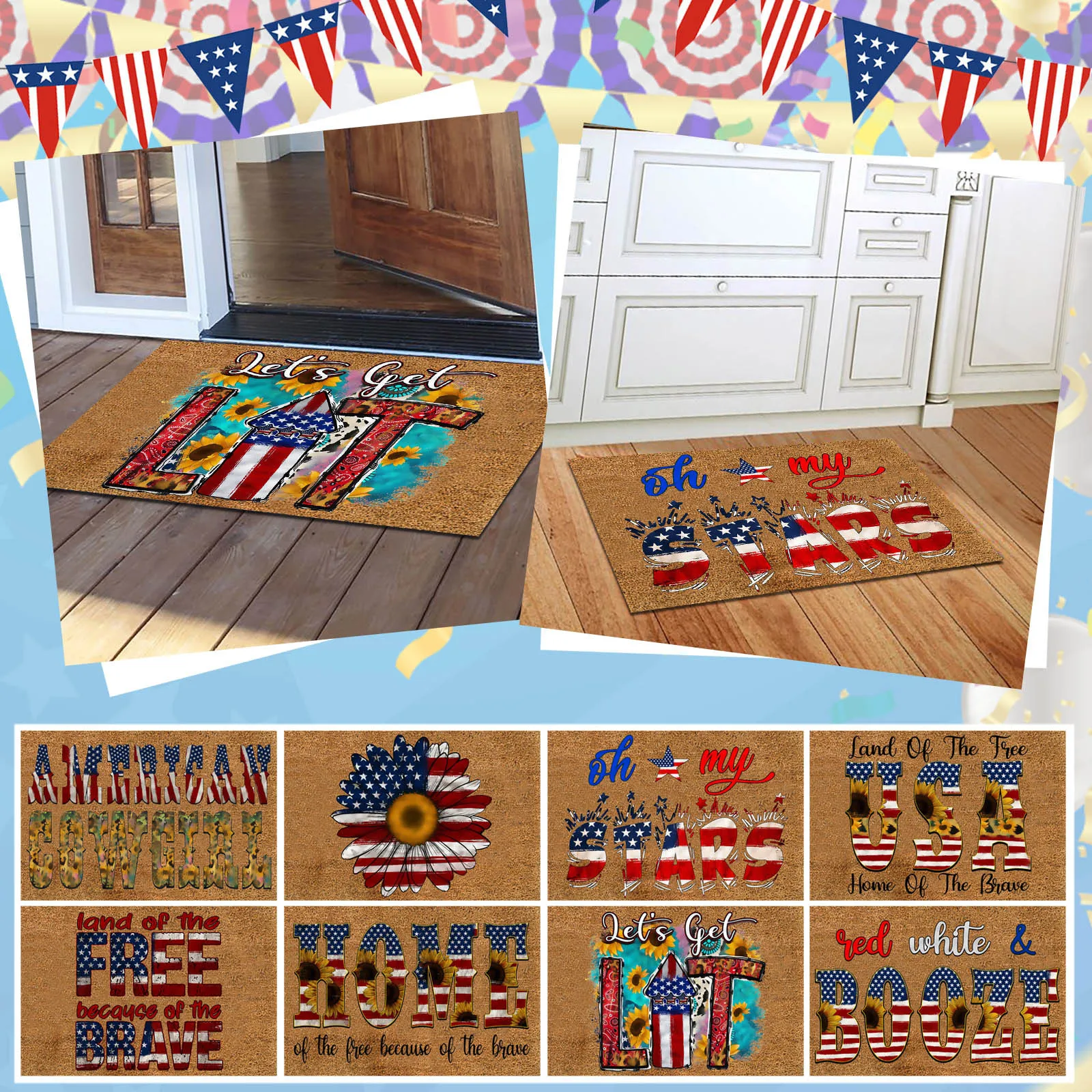 4th Of July Doormat Patriotic American Flag Welcome Mat Independence Day Non Slip Coir Door Mat For Front Door Porch Patio Home