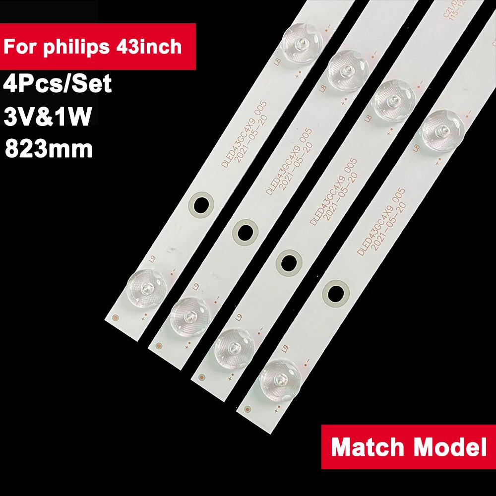 

4Pcs/set 43inch 823mm LED Backlight TV Strip for Philips 9led DLED43GC4X9/005,GC43D09-ZC21FG-04 43GC GC43D09-ZC23FG-01,43PFF5021