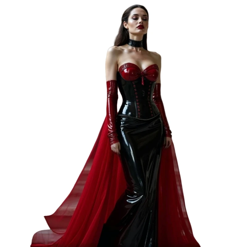 Vestido de baile personalizado borgonha e preto com trem destacável espartilho sereia vestido de noite couro pu roupa para ocasiões especiais