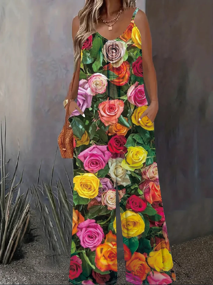 Plus Size Floral Print Slip Jumpsuit, Casual Sleeveless Jumpsuit WithPockets, women's Plus Size Clothing