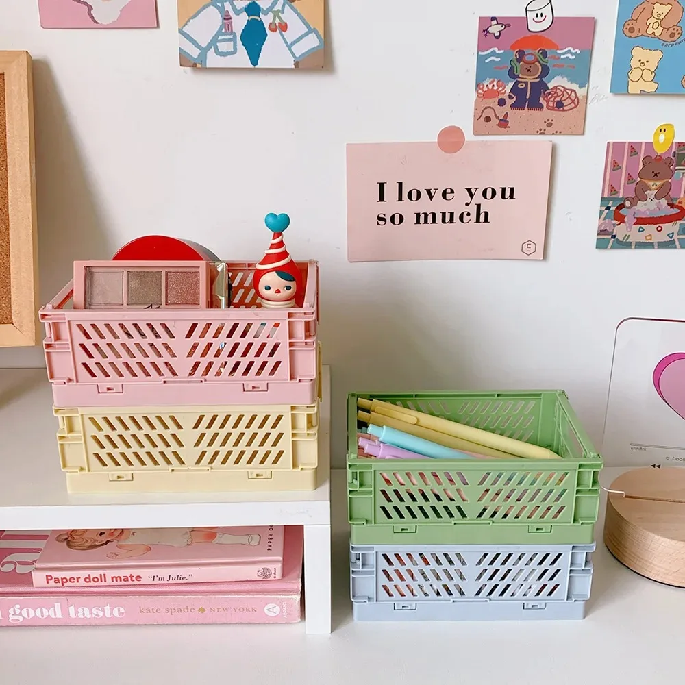 Storage Basket Plastic Pen Holder Fruit Basket Plastic Foldable Storage Crate Cute Folding Box Bathroom Box Organizer Portable