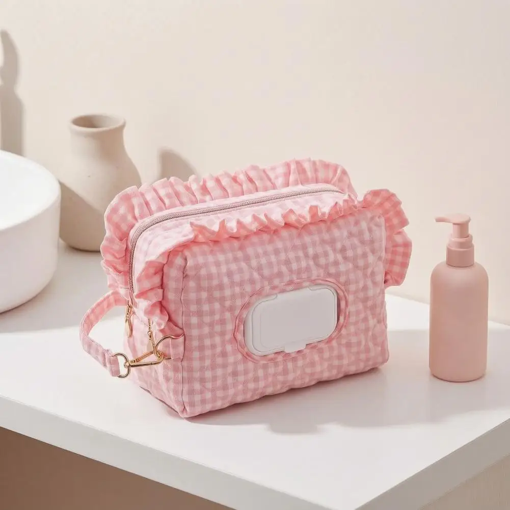 Quilted Diaper Wipes Bag with Hanging Strap Dual Compartment Zipper Large Capacity Dispenser for Stroller Travel