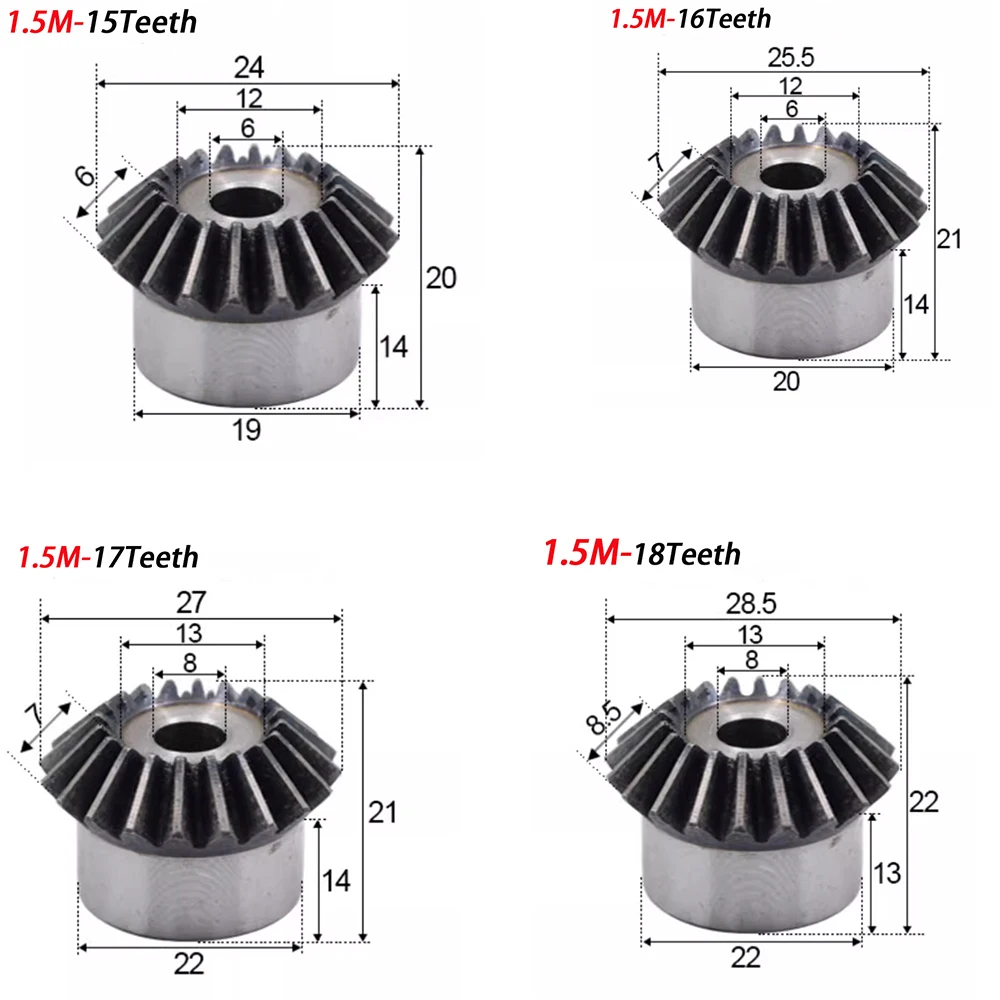 1/2/4 قطعة ترس مخروطي 1.5 معامل 15T/16/17/18 ~ 30 أسنان 45 #   فتحة عملية فولاذية 6/8/10 مم تروس 90 درجة زاوية شبكية تروس فولاذية