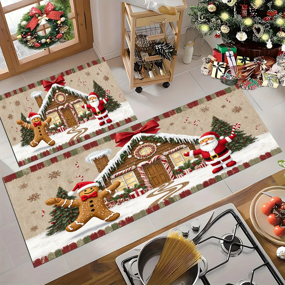 2PC Home Entryway Christmas Rugs 2 Piece, Khaki Gingerbread House Kitchen Mat Set, Holiday Soft Floor Mat for Hallway Decor