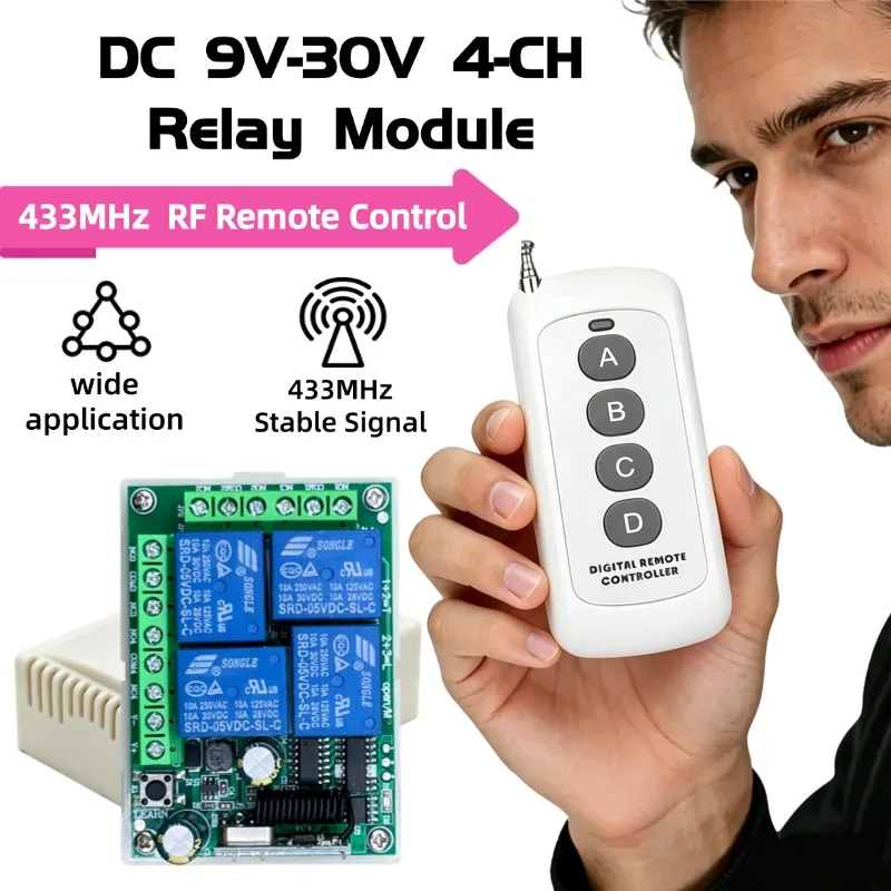 

Universal RF 433MHz Wireless Remote Control DC12V 4CH Relay Receiver Module Switch 4 Button Remote Control Gate Garage Door Lock
