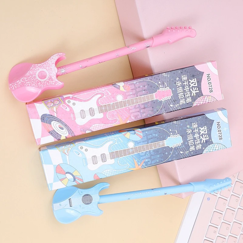 4pcs Gel Pen Guitar-Shaped 2-In-1 Pens (Neutral Pen And Pencil) - Star And Musical Note Patterns, Quick-Dry Ink Durable Plastic,