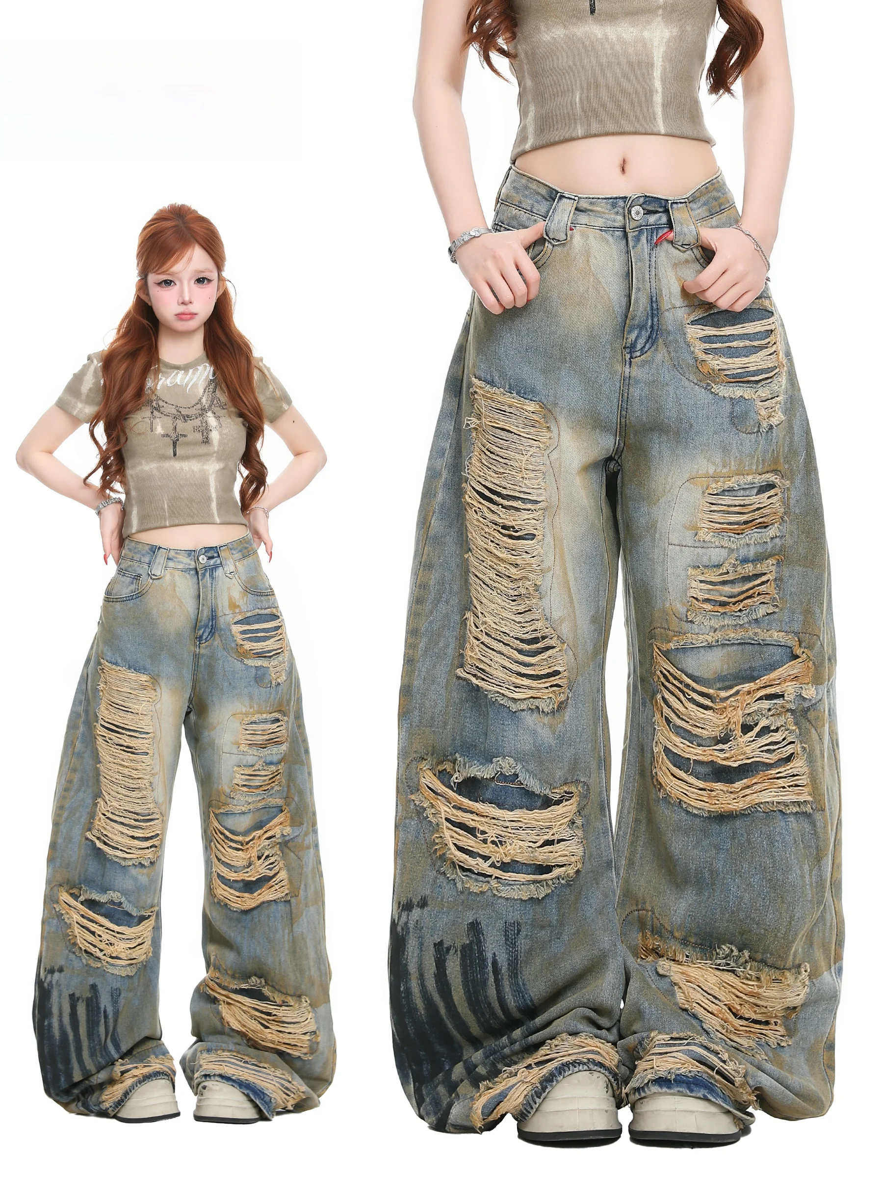 

Basterds American Rustic Style Knife Hole Loose Women's Jeans Spring Slimming Floor-Length Cotton Blend Casual Trousers