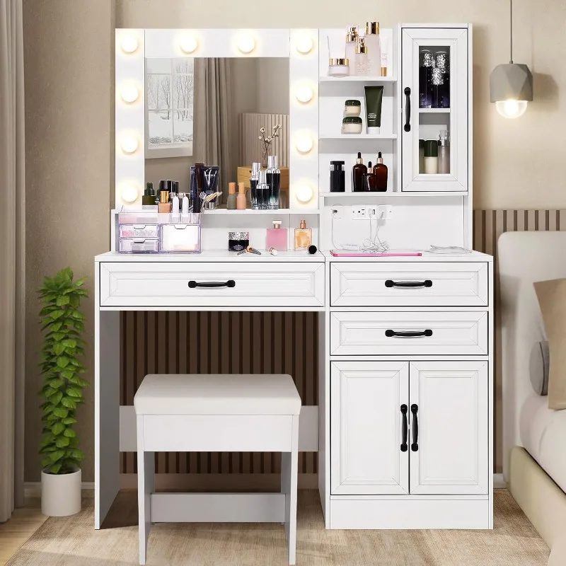 

Makeup Vanity Desk with Lighted Mirror&Charging Station, Farmhouse Vanity Table Set with 3 Drawers, Glass Door Cabinet