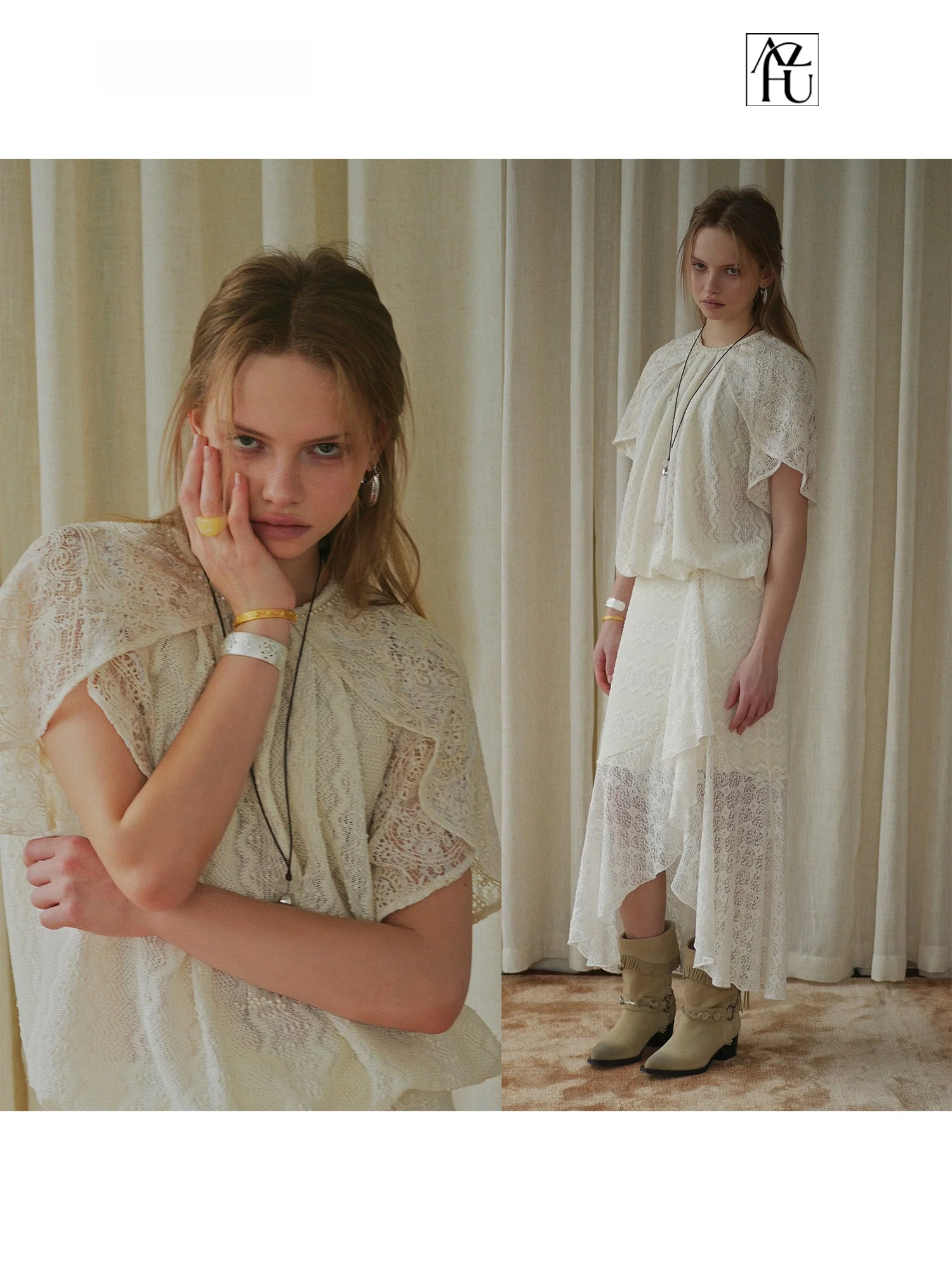 

AZHU Artistic Lace Cap-Sve Cloak Romantic Free-Form Irregular Fi-Tail Lace Skirt Two-Piece Set Spring Summer Women's Fas...