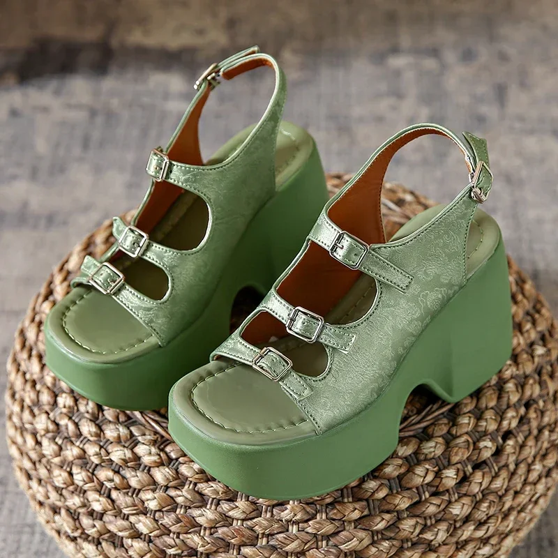 

Roman Slope Heel Sandals for Women's 2024 Summer New Hollow Thick Open Toe Casual One Line Buckle High