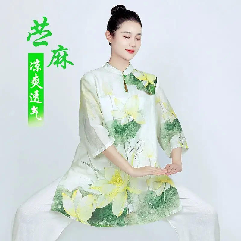 

Summer Tai Chi Clothing Ramie Sleeves Cotton Tai Chi Practice dress Chinese Printed Clothing casual clothes green Hanfu set
