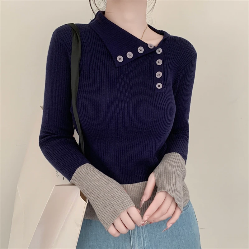 

REALEFT винтажный лоскутный воротник с нерегулярным воротником и пуговицами, женские пуловеры с длинными рукавами, элегантные тонкие свитера, женские топы, новинка 2023 г.