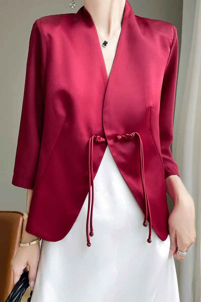 

Insozkdg New Chinese Style Tassel Buckle Solid Color Suit Coat Women Clothing Silk Satin Suit High-end Slimming Blazer Women Top