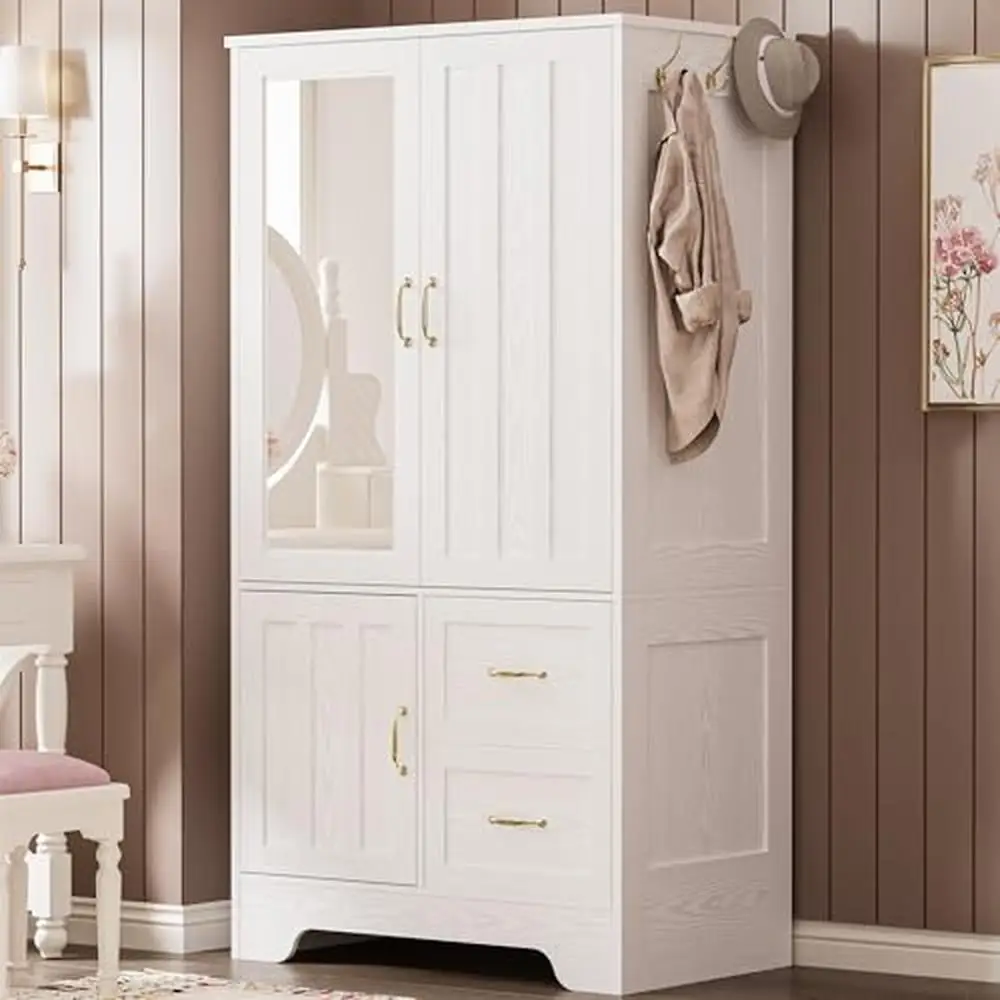 Modern Wooden Wardrobe Closet with Mirror and Drawers Hanging Rod Storage Cabinet White