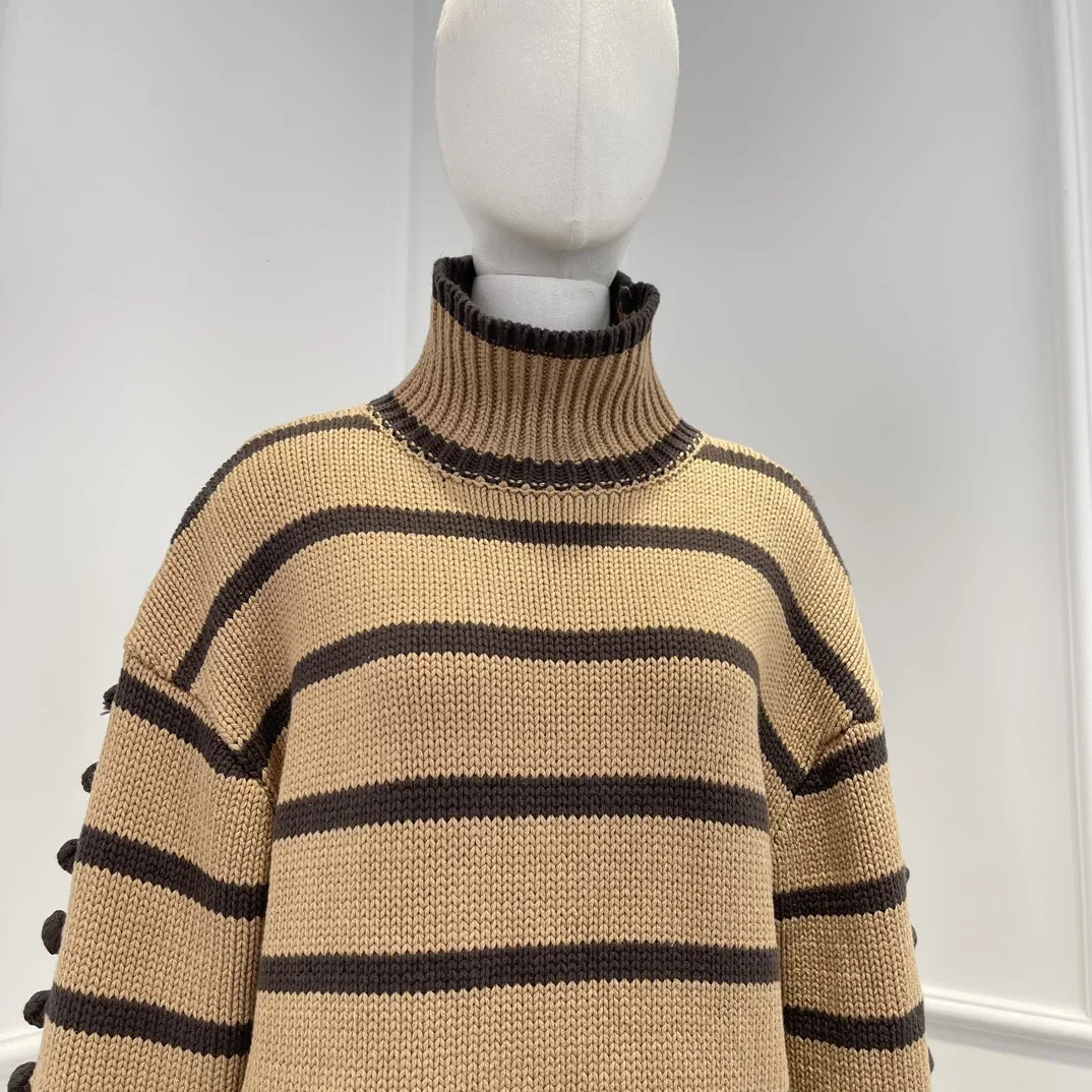 2023 New Arrival Fall Winter High Quality Beige Turtleneck Striped Long Sleeve Casual Pullover Sweater for Women