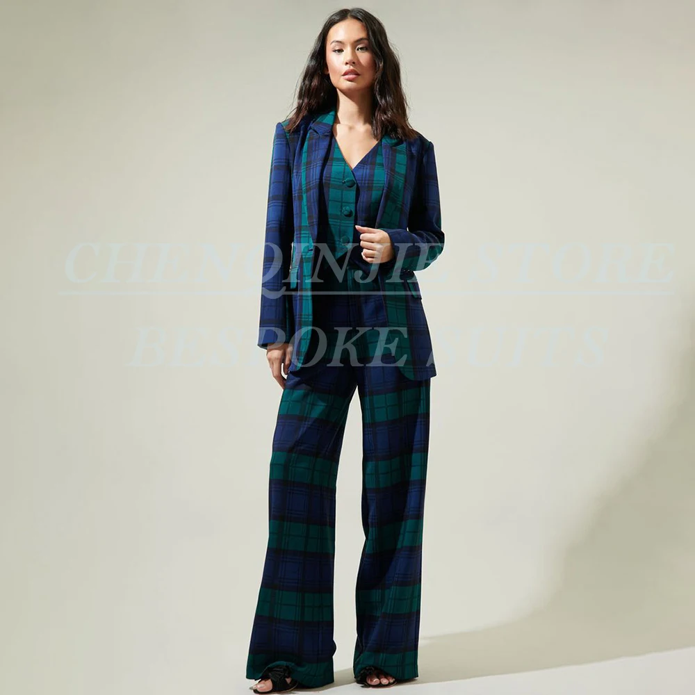 

Plaid Women's Suits 2026 Slim Fit Single Breasted Peak Lapel Skinny 3 Piece Jacket Pants Vest High Quality Female Clothing