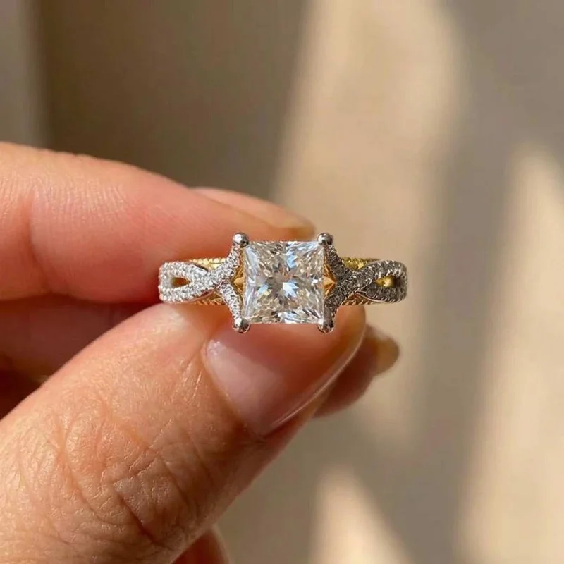 

925 Sterling Silve Modern Fashion Princess CZ Two Tone Rings Luxury Bridal Wedding Unique Design Statement Jewelry for Women