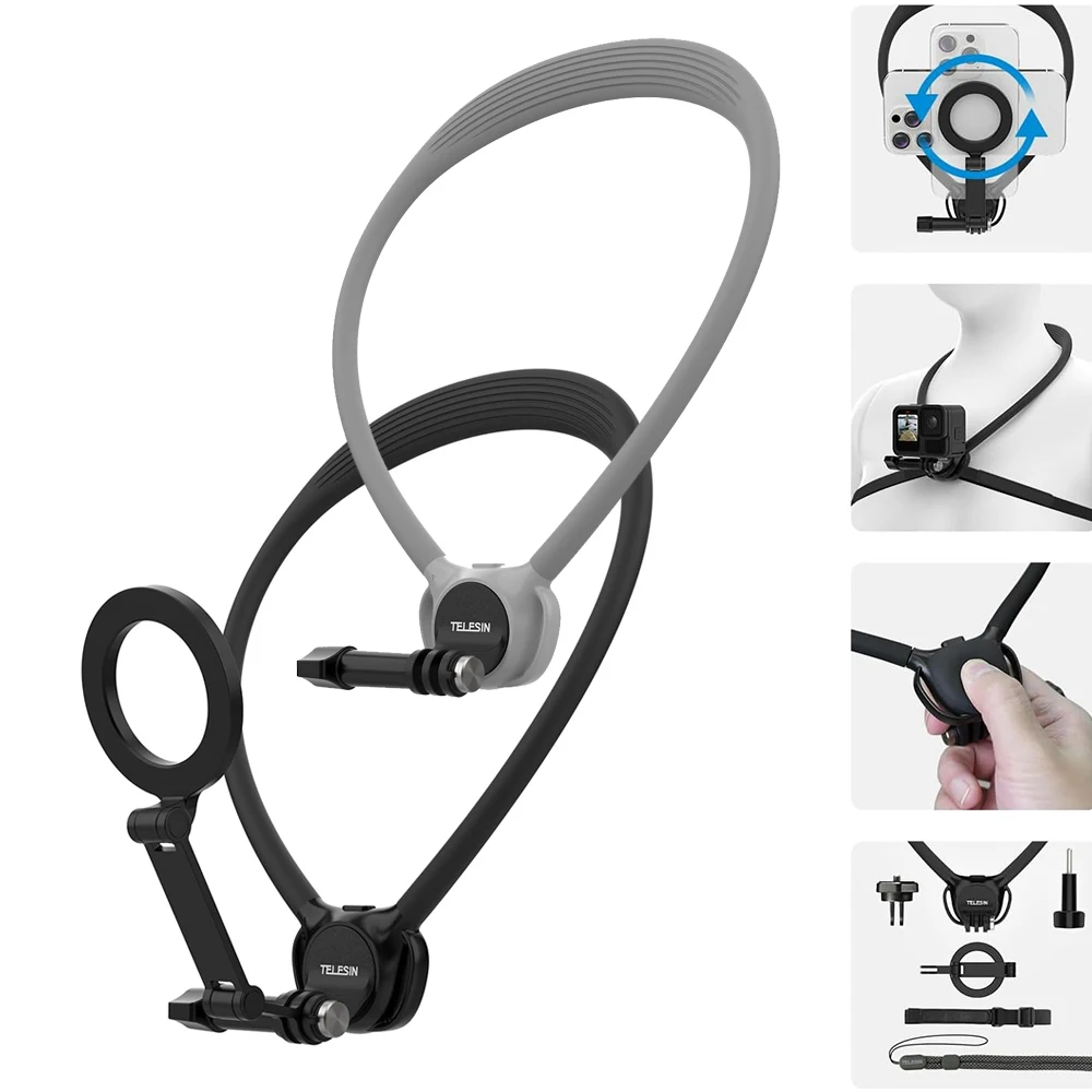 

TELESIN Silicone Neck Mount for GoPro Hero13 12 11 10 9 8, Insta360 X5 X4, DJI OSMO Action 5 Pro Camera Accessories Phone Holder