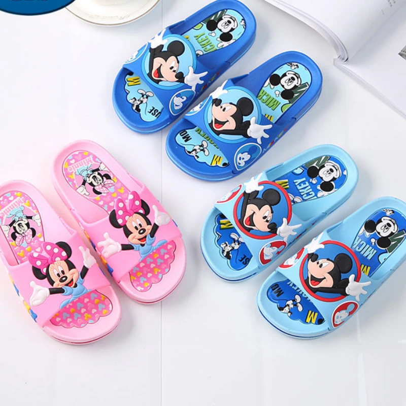 Disney Children\'s Slippers Summer Boys Girls Indoor Home Bathroom Non-slip Mickey Minnie Slippers Blue Pink Shoes Size 15-16cm