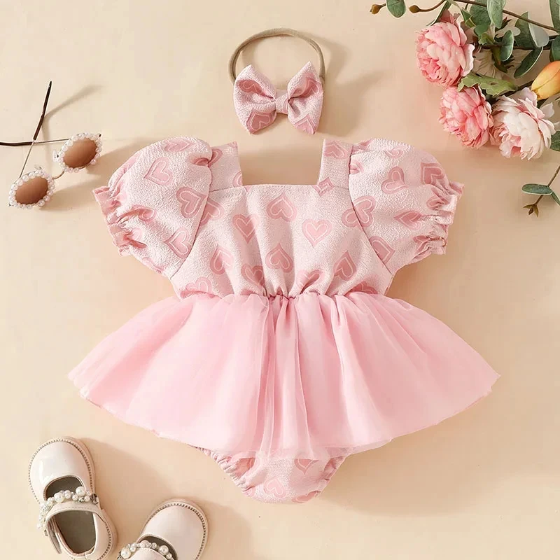 Cute Baby Girls Heart Bodysuit with Headband Jacquard Fabric Infant Short Sleeve One Piece Mesh Skirt Baby Clothes