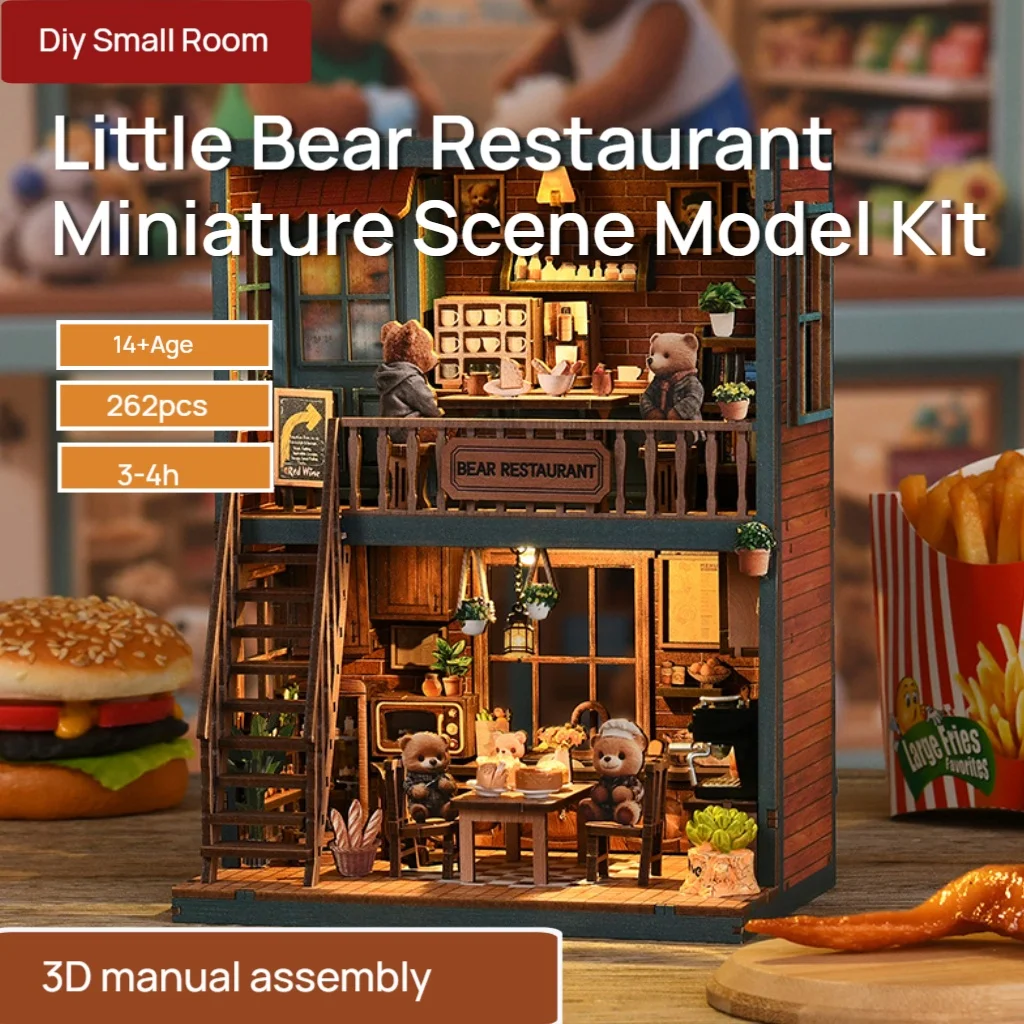 OUZEY 3D 나무 책장 DIY 키트 - '리틀 베어 비스트로' 미니어처 장면, 카페 모델 하우스 조립, 창의적인 데스크탑 장식 선물