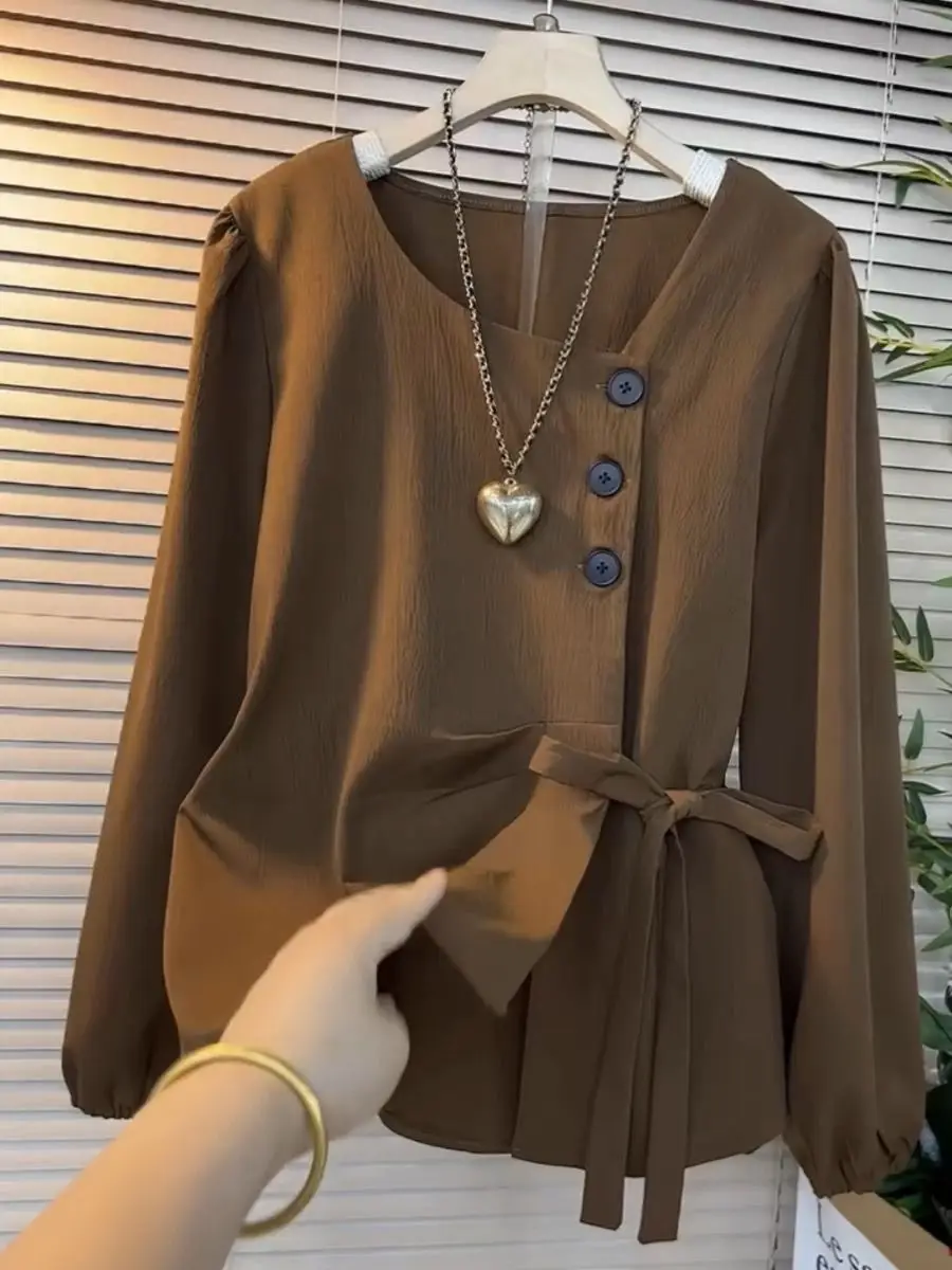 

Женская рубашка с длинными рукавами в стиле ретро весной и осенью, топ большого размера с наклонным воротником и нестандартной шнуровкой