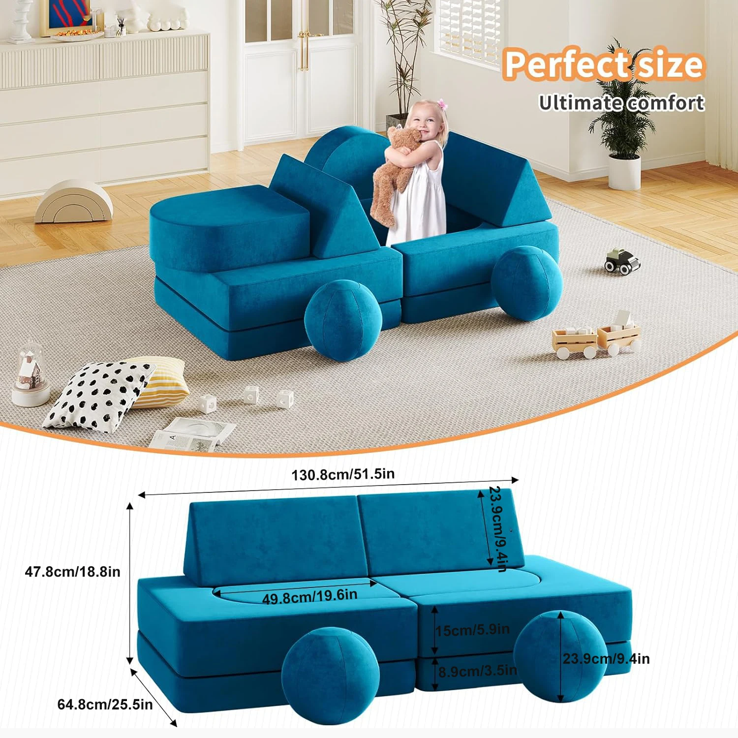 Creative Children's Foam Sofa with Spherical Modules and Tunnel Elements Foldable children's Couch 9pcs Toddler Sofa for Bedroom