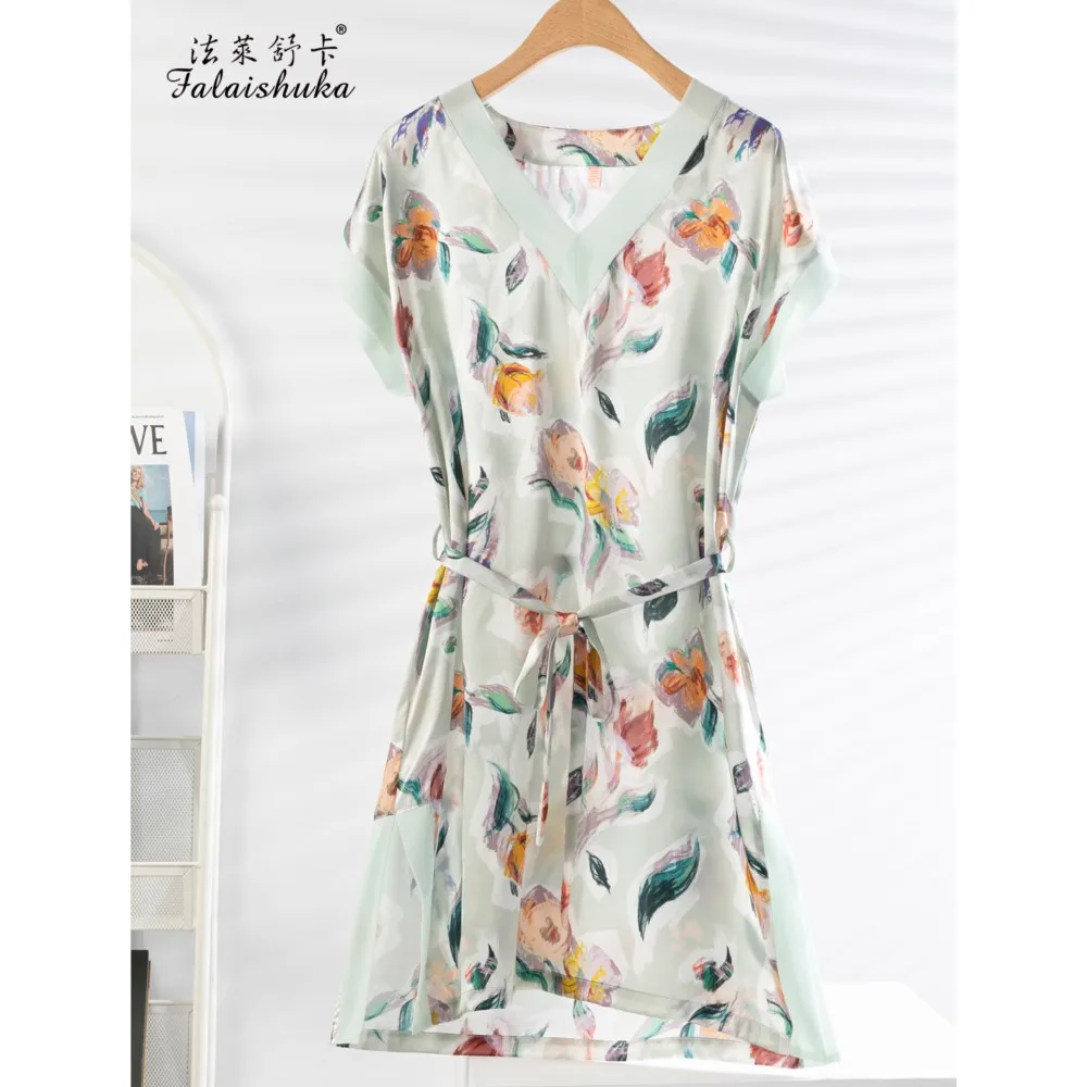 

16 momme 100% Genuine Silk Night Dress Women fresh sweet Sleepwear short sleeved V-neck elegant Nightgowns S5922