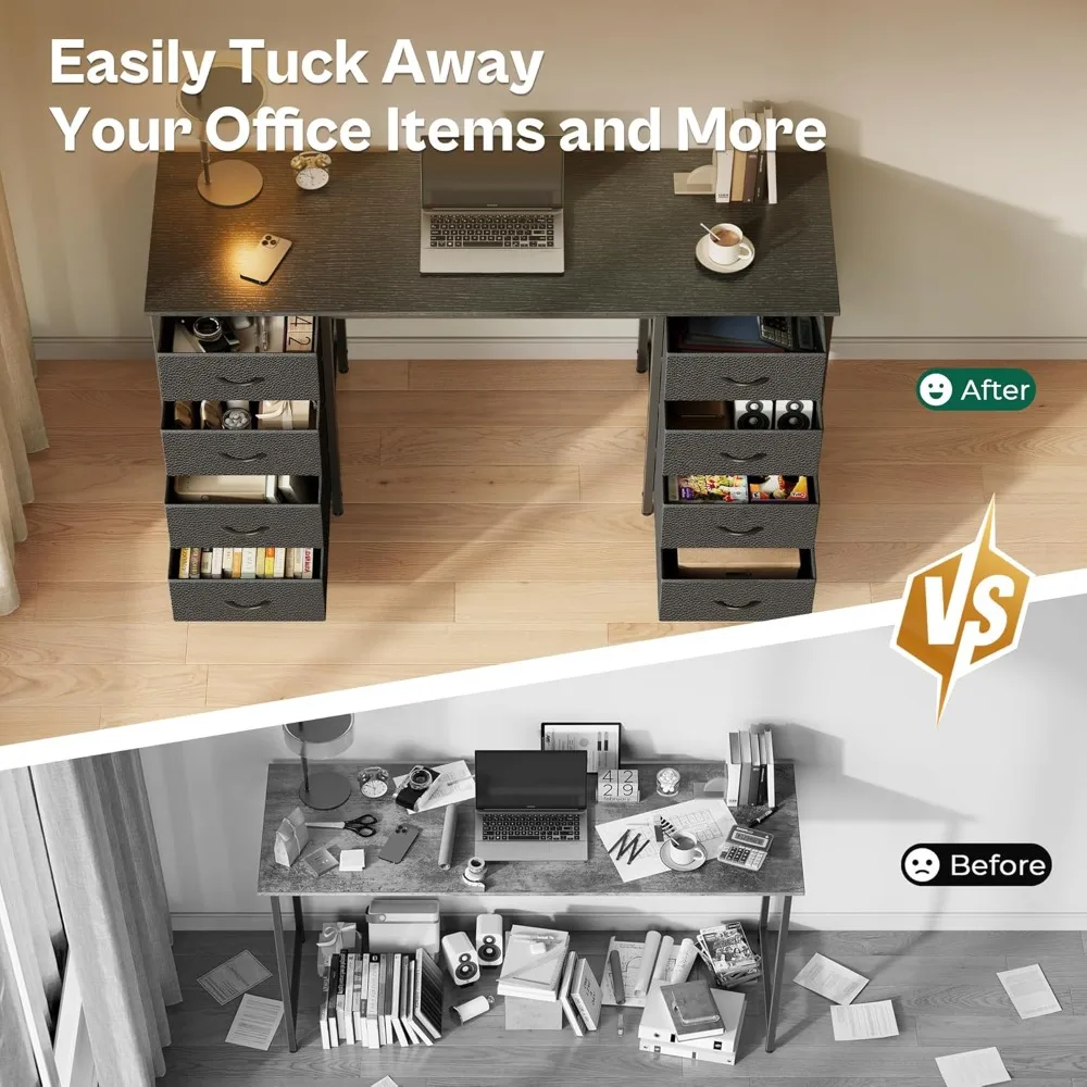 47 Inch Large Fabric Drawer Computer Desk for Home Office, Study, and Gaming with 8 Storage Drawers